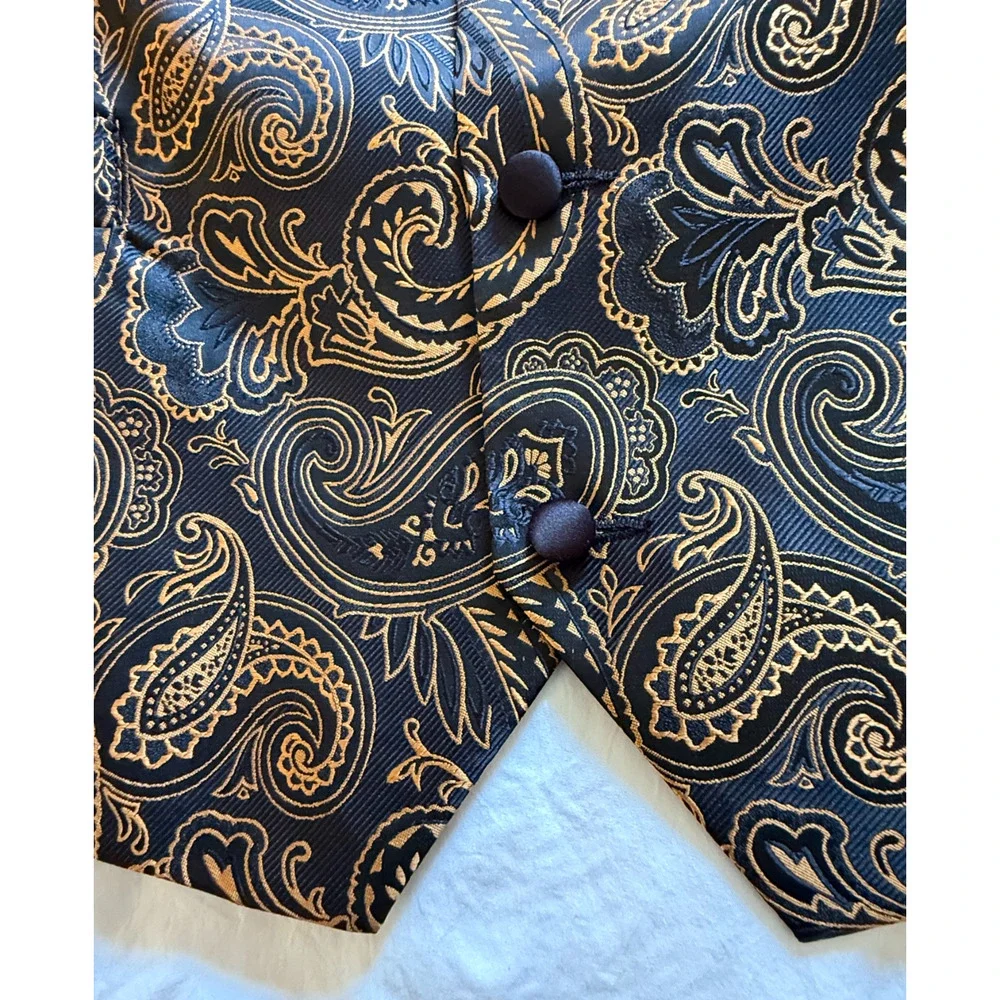 Tuxedo Waistcoat Mens Size 3XL Black Gold Paisley Formal Vest Adjustable EUC